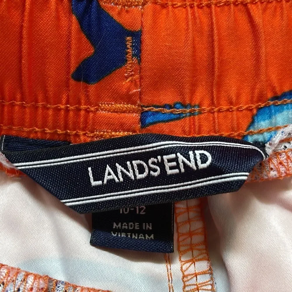Lands’ End Boys Orange Swim Trunks w/Blue Dolphins & Elastic Waist (Size: Boys M